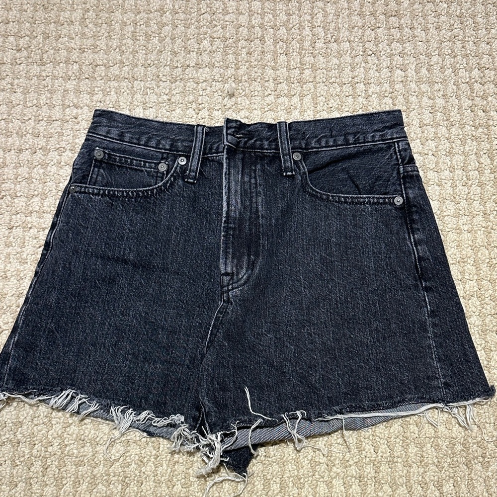 Madewell Black Denim Frayed “The Perfect Jean Short” Shorts